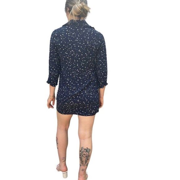 Kate Spade Womens Silk Navy Blue Star 3/4 Sleeve Ruffle Mini Dress Sz XS - Picture 7 of 11